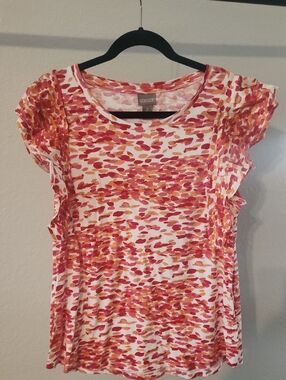 Chico's Women's Red & Orange Short-Sleeve Ruffle Top Size 2 12/14/16 XL NWT